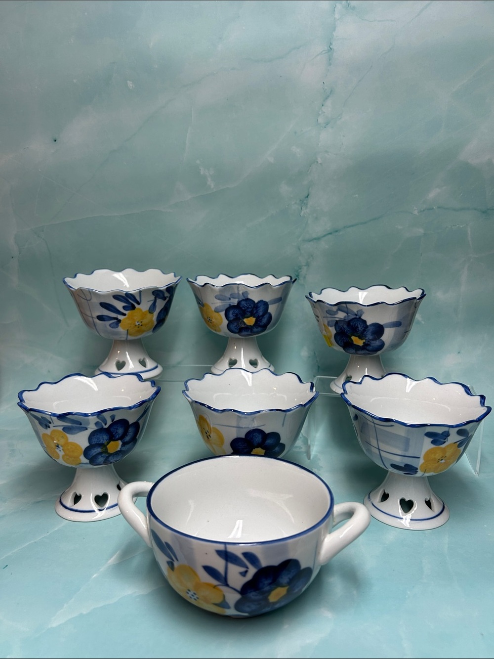 Blue & Yellow Floral Ceramic Dessert Cups (Set of 7)